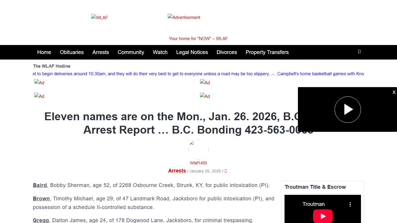 Eleven names are on the Mon., Jan. 26. 2026, B.C. Bonding Arrest Report … B.C. Bonding 423-563-0065 – WLAF